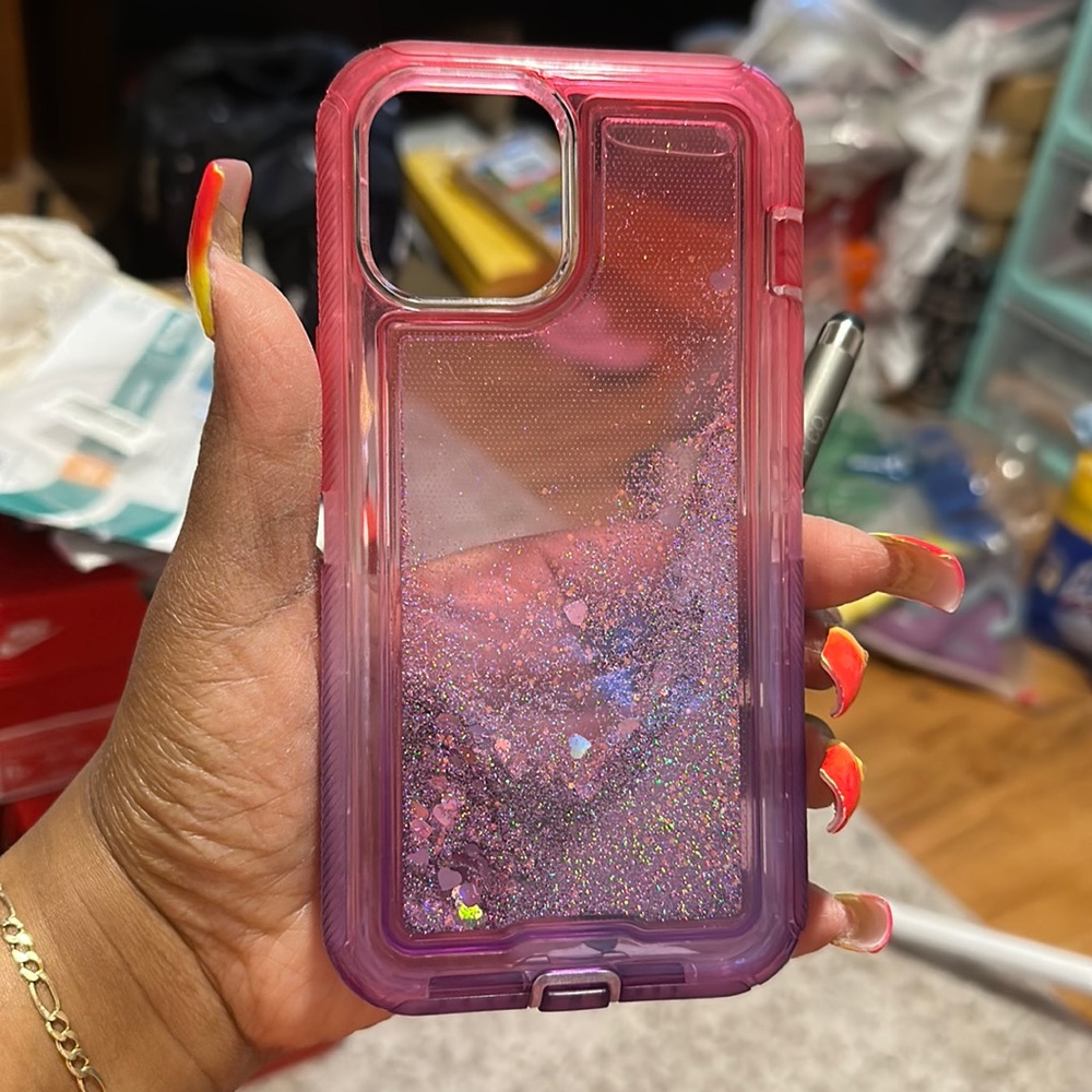 iPhone 12 Pro Maxx case pink and purple with silver glitter case used once